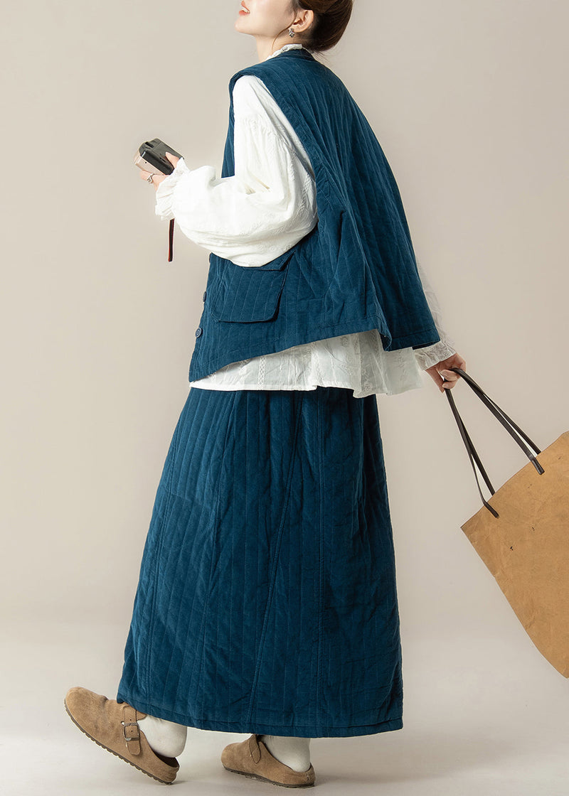 Blue O-neck Thick Waistcoat ,shirts and Maxi Skirts Three Pieces Set Lantern Sleeve