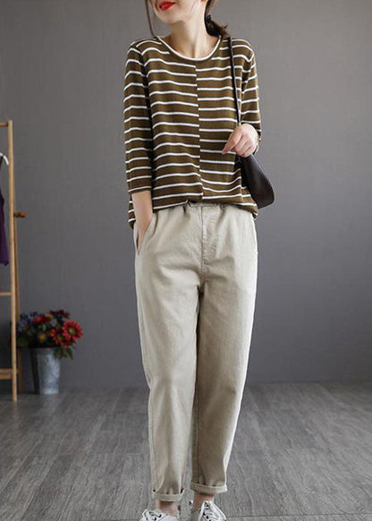 Beige Elastic Waist Pockets Cotton Pants Spring