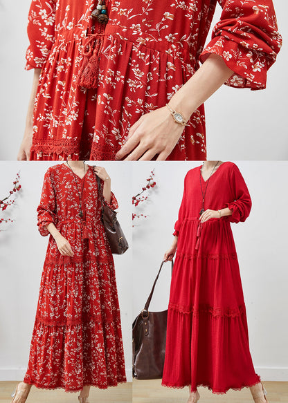 Simple Red Cinched Lace Patchwork Cotton Dresses Fall