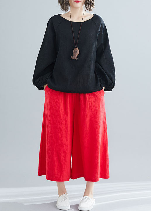 Black O Neck Wrinkled Patchwork Cotton Top Spring