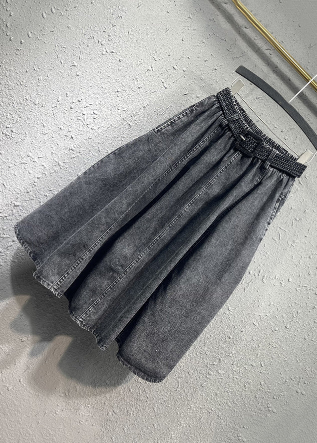 Black Gray Elastic Waist Pleated Pocket Denim Skirt Autumn