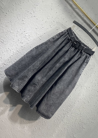 Black Gray Elastic Waist Pleated Pocket Denim Skirt Autumn