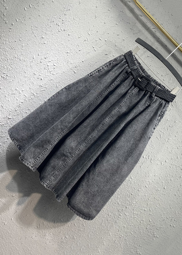Black Gray Elastic Waist Pleated Pocket Denim Skirt Autumn
