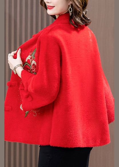 Red Print Patchwork Mink Velvet Woolen Coat Spring