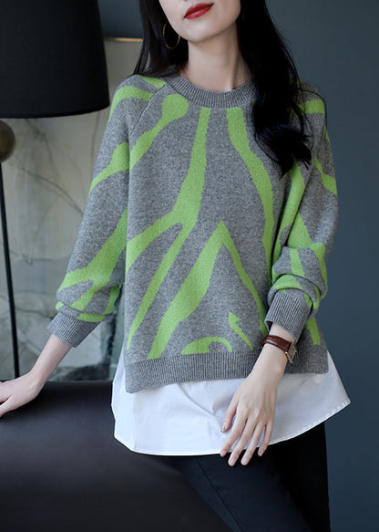 Grey Print Patchwork Wool Knit Fake Two Piece Pullover Tops Winter