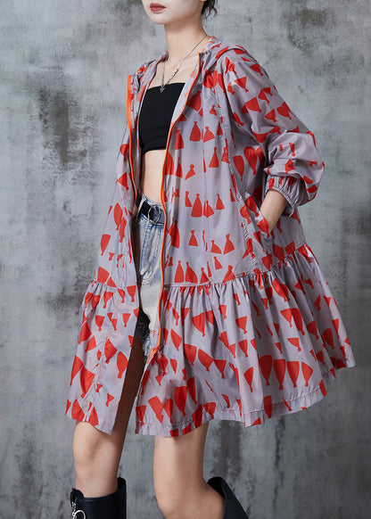Red Hooded Print Spandex Coats Fall