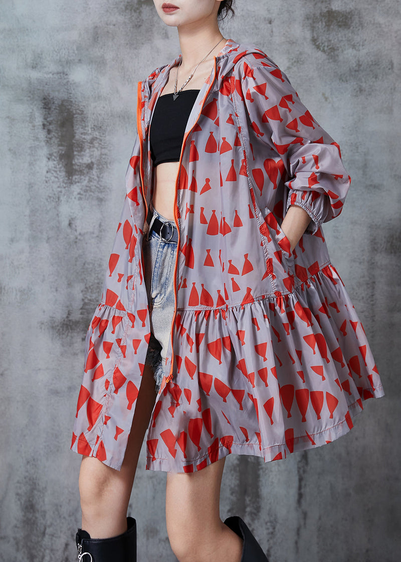 Red Hooded Print Spandex Coats Fall