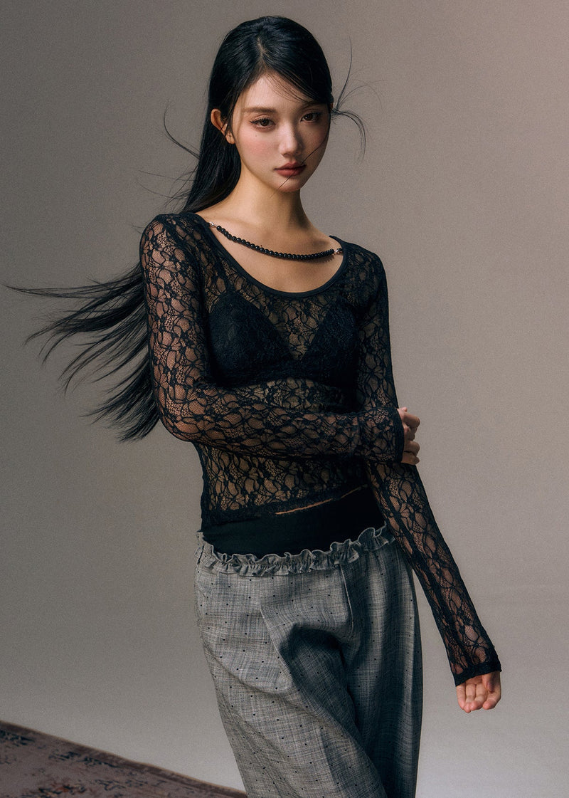Black Bead Chain Linked Lace Top Fall