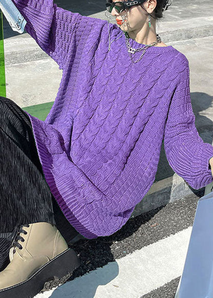 Purple O-neck Cable Knit Sweaters Loose Fall Sweater