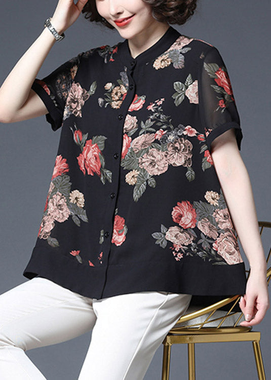Black Stand Collar Button Wrinkled Print Chiffon Shirts Short Sleeve