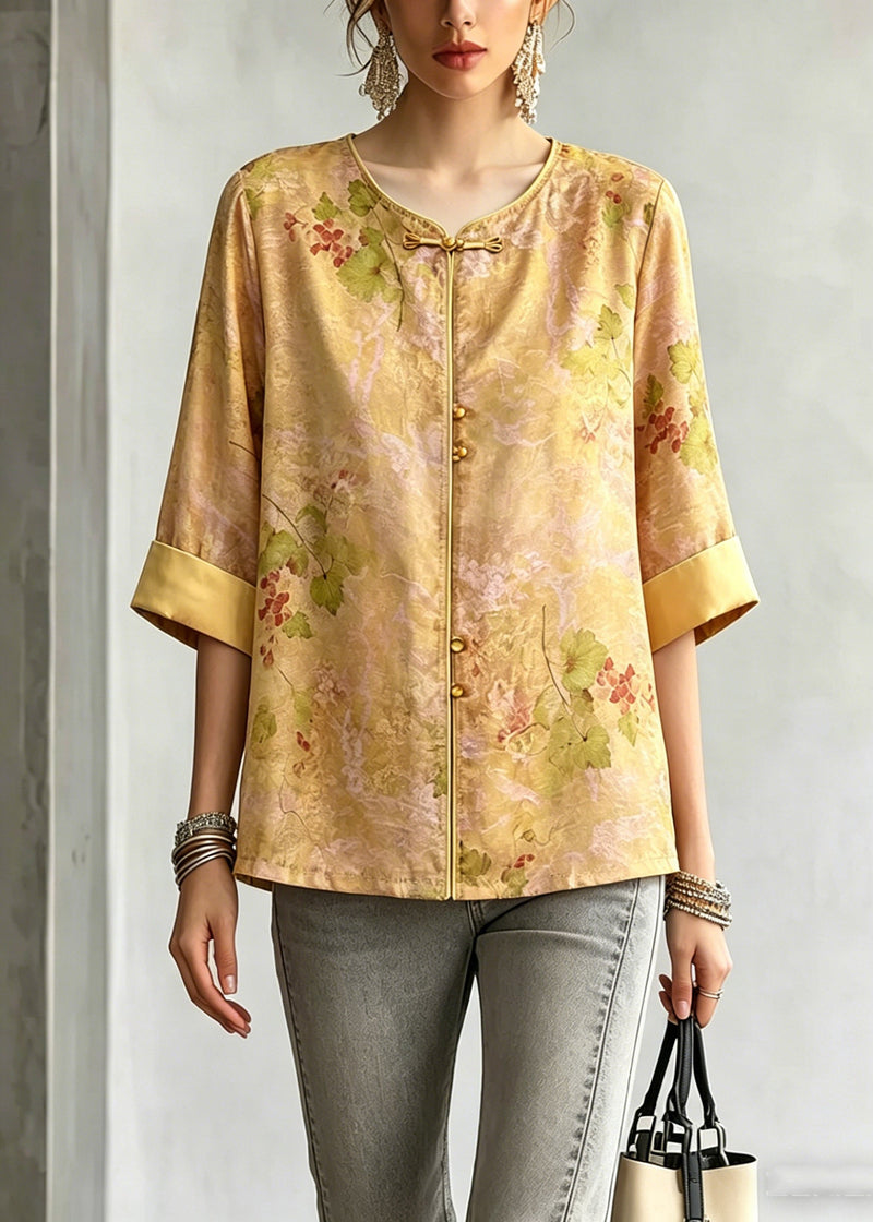 Yellow O-neck Print Shirt Three Quarter Sleeve