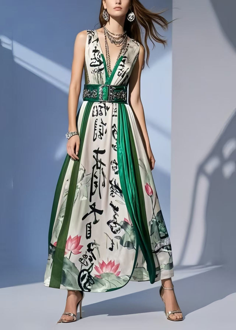White Print Draping Silk Tunic Dresses Sleeveless