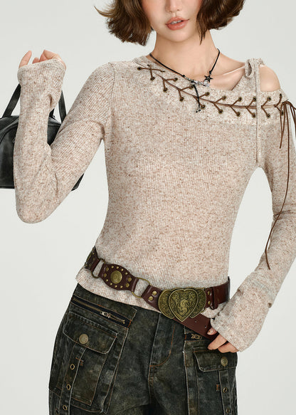 Apricot Asymmetrical Tie Lace Cotton Knit Sweaters Top Fall