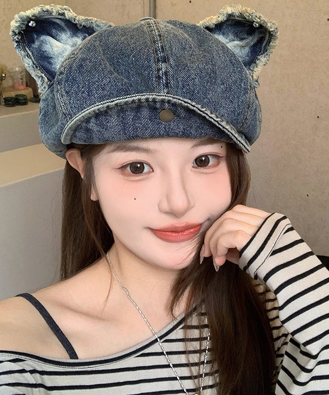Dark Blue Cat Ear Denim Breton Hat