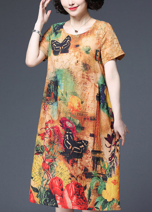 Butterfly Print O-neck Cotton Dress Short Sleeve