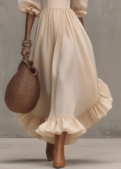 Apricot Square Collar Wrinkled Long Dress Half Sleeve