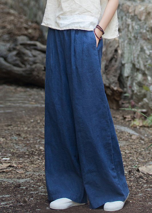 Navy Pockets Elastic Waist Linen Wide Leg Pants Summer