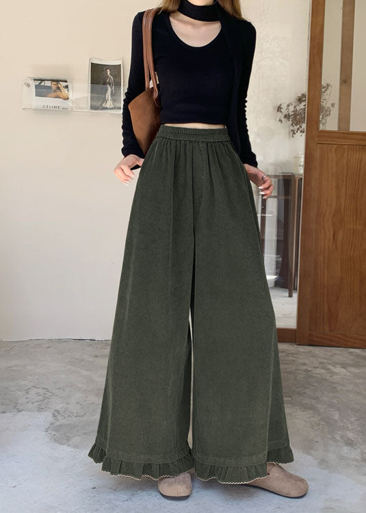 Apricot Ruffled Patchwork Elastic Waist Corduroy Pants Fall