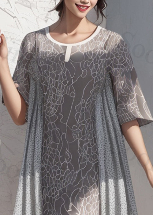 French Grey O Neck Print Patchwork Silk Dress Short Sleeve
