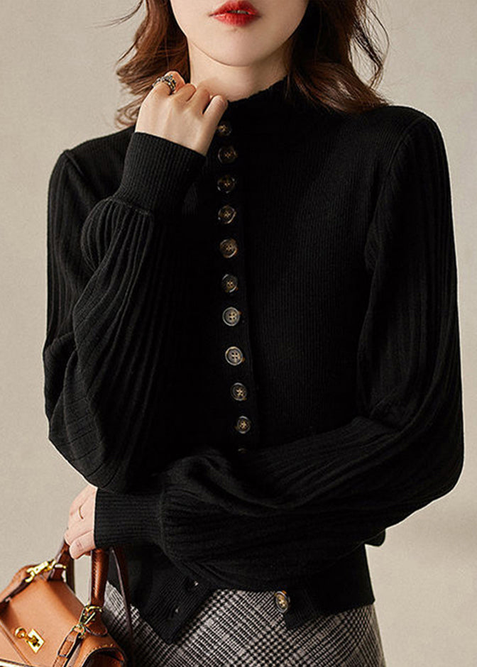 Grey Stand Collar Button Knit Top Lantern Sleeve