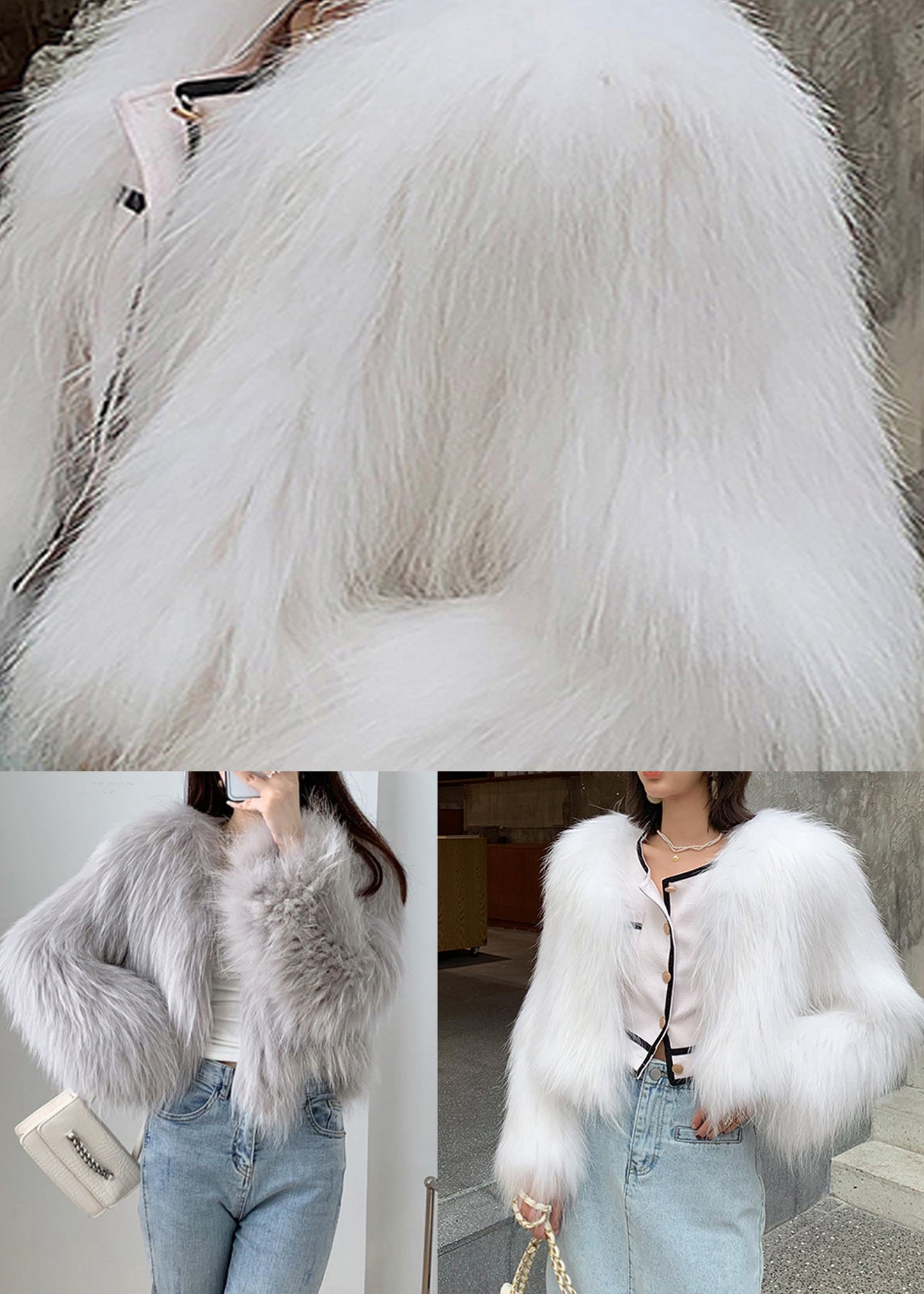 White Patchwork Faux Fur Coat V Neck Winter