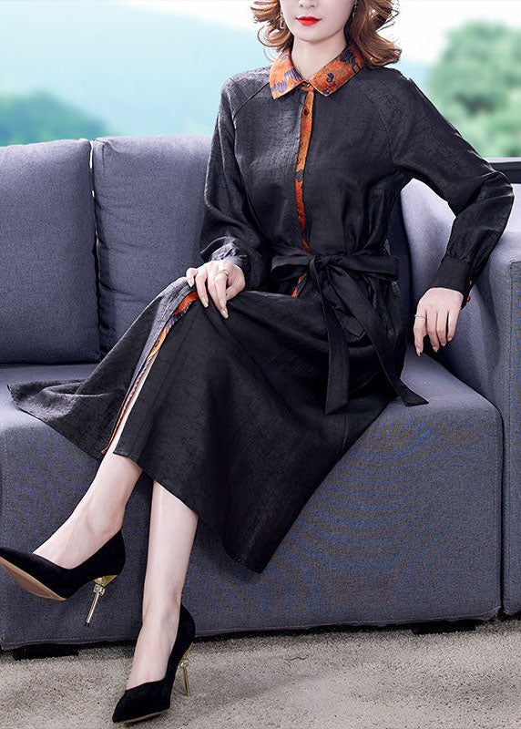 Black Patchwork Tie Waist Silk Fake Two Piece Trench Coat Long Sleeve