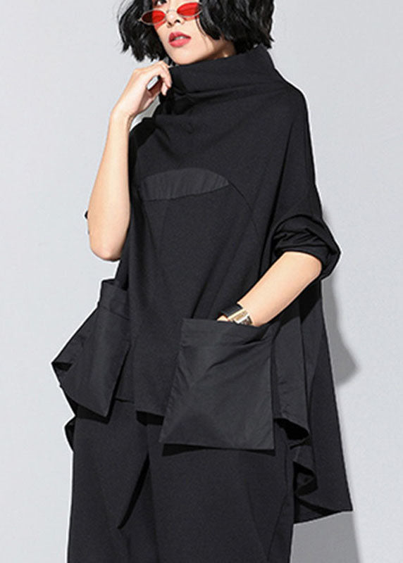 Black Turtleneck Patchwork Pockets Fall Top Long Sleeve