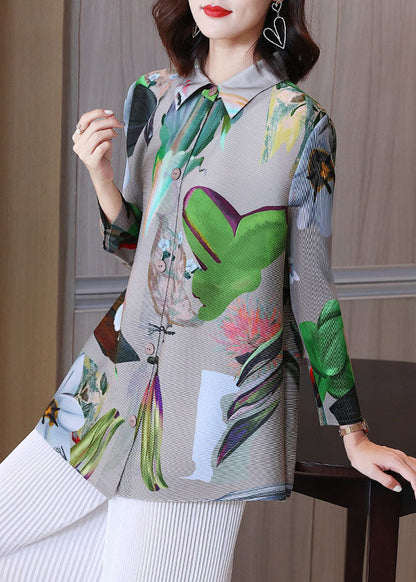 Grey Peter Pan Collar Print Button Shirts Fall