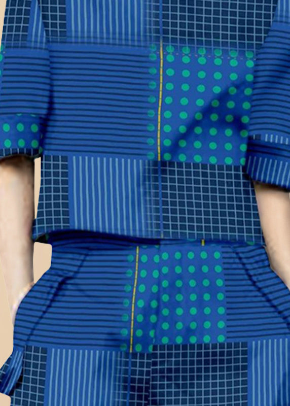 Original Design Blue O-neck Print Cotton Two Piece Set Clothing Summer