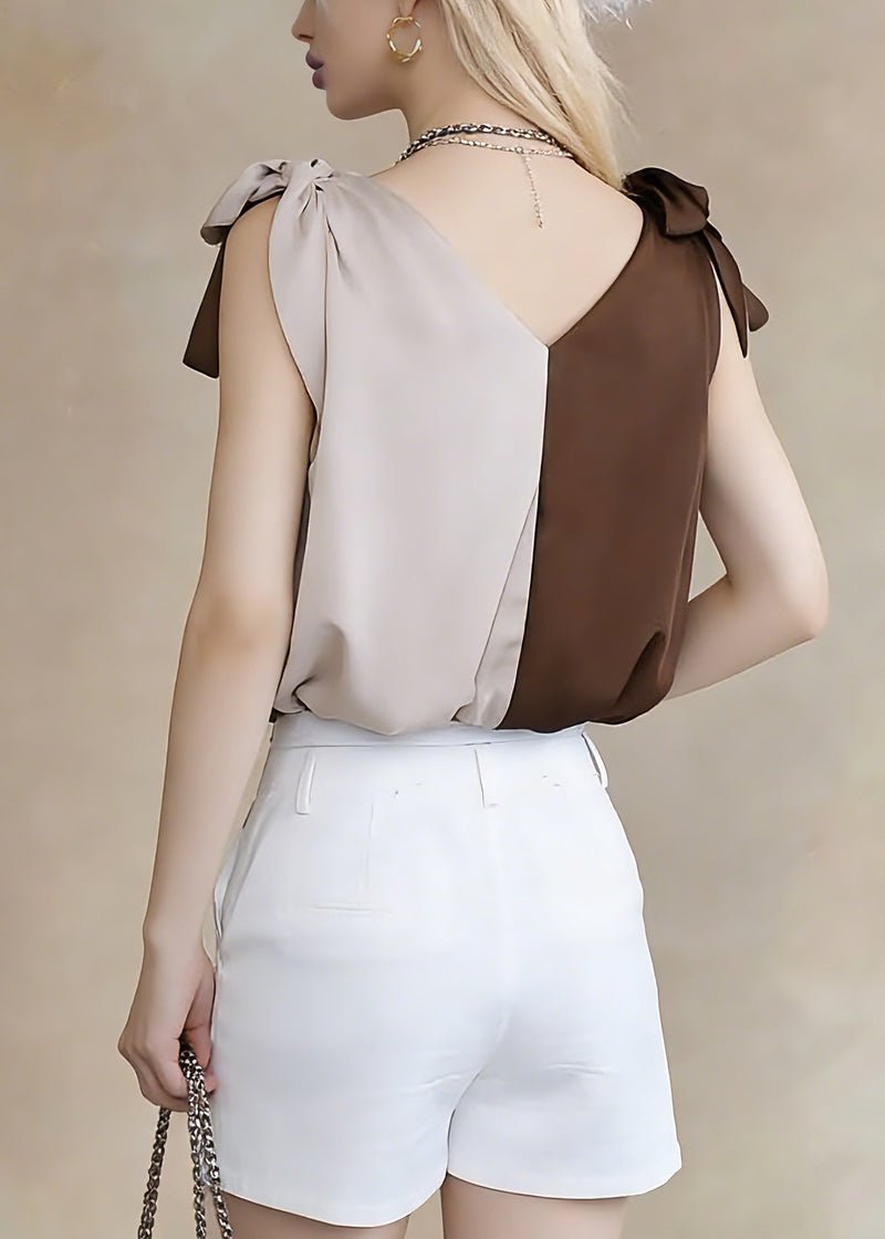 Colorblock V Neck Tie Lace Top Sleeveless