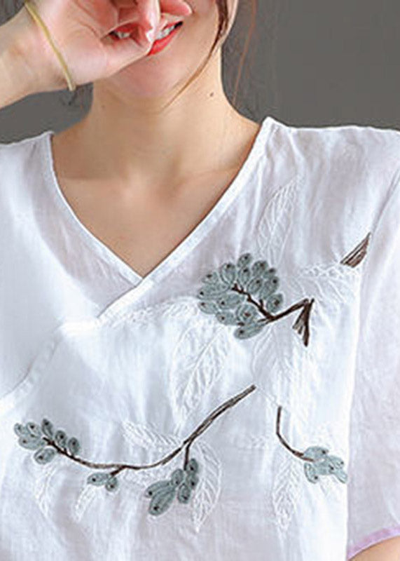 Fine White V Neck Embroideried Linen Top Short Sleeve