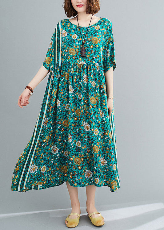 Loose Green O-neck Print Wrinkled Long Dresses Short Sleeve