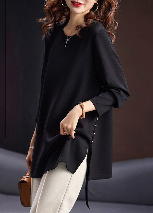 Simple Black Zircon Side Open Cotton T Shirt Spring