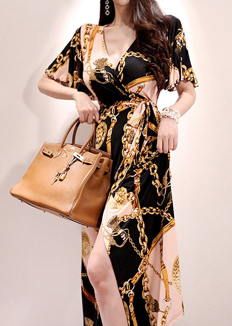 Gold V Neck Print Lace Up Cotton Long Dresses Summer