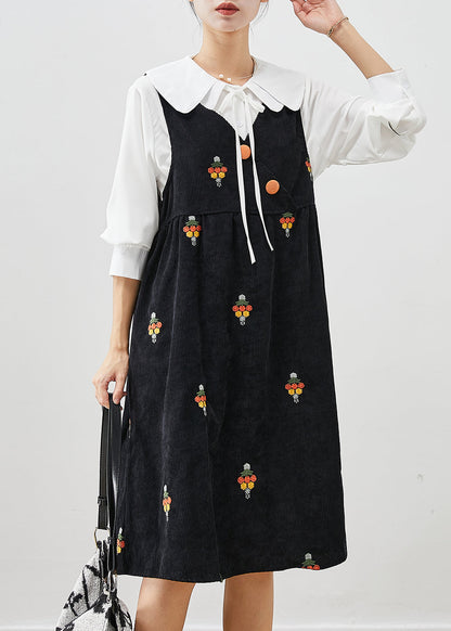 Black Embroideried Corduroy Two Pieces Set Fall