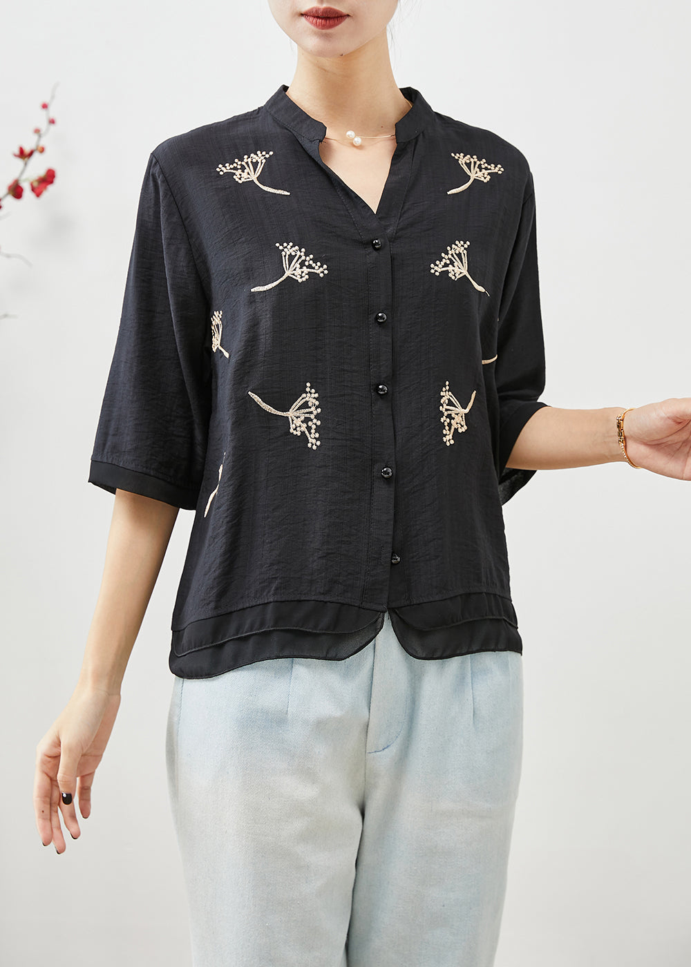 Black Embroideried Patchwork Linen Shirt Top Half Sleeve