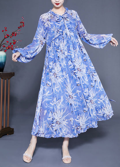 Blue Ruffled Print Exra Large Hem Silk Beach Dresses Lantern Sleeve