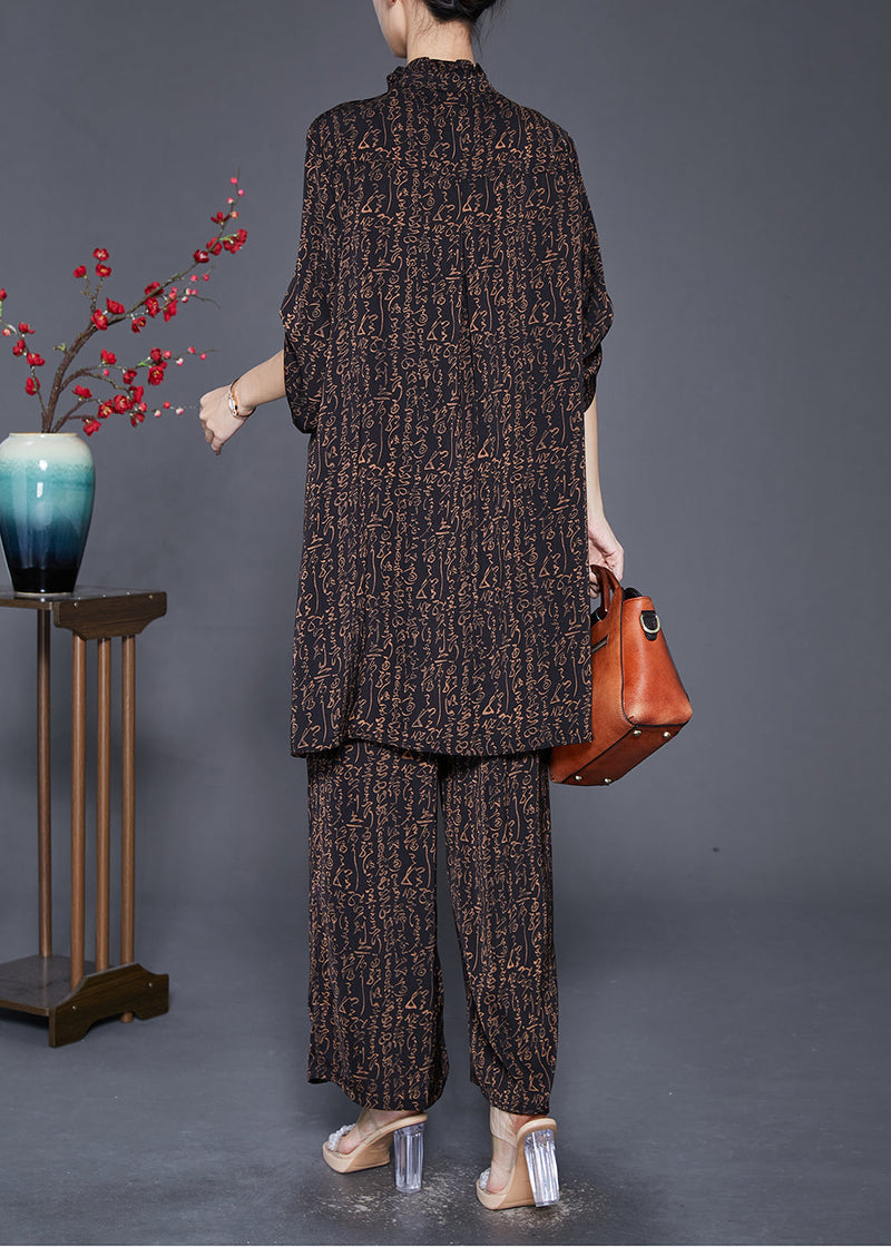 Black Ruffled Print Tasseled Chiffon Two Pieces Set Fall