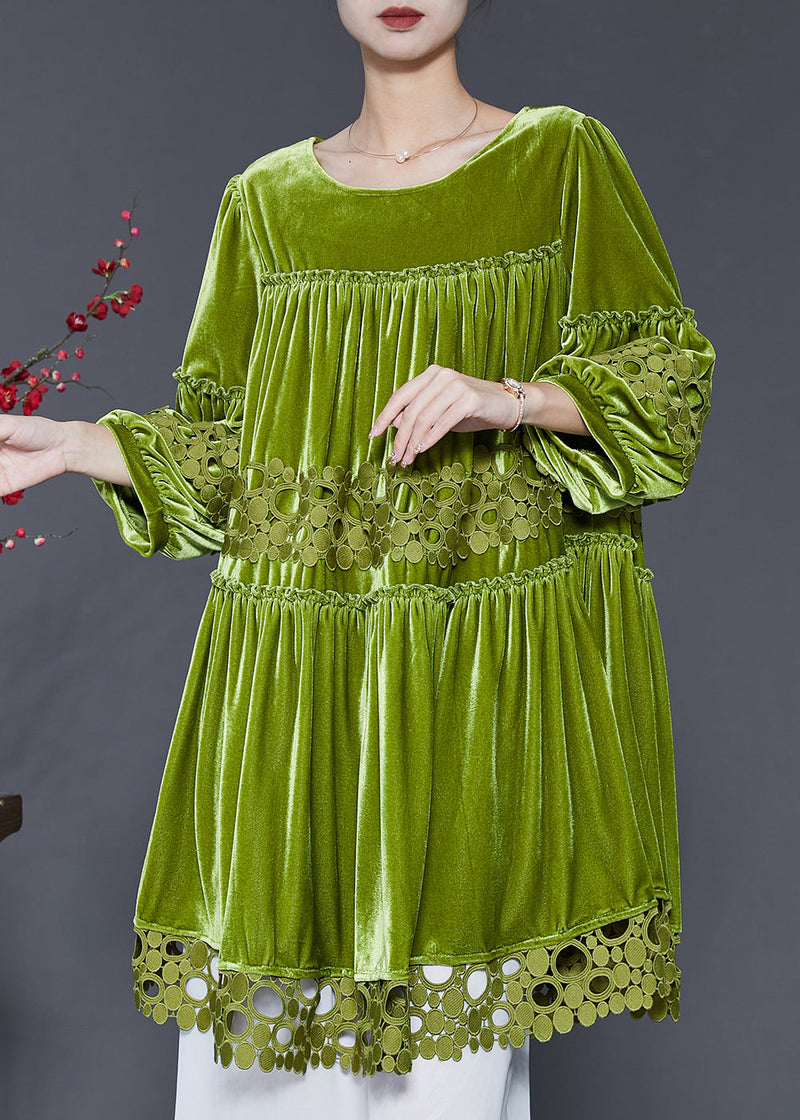 Handmade Grass Green Oversized Patchwork Silk Velour Dresses Spring