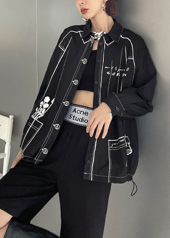 Black Print Drawstring Button Fall Long Sleeve Shirts