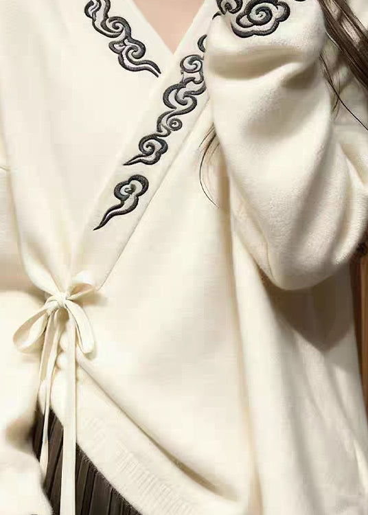 White V Neck Embroidered Lace Up Knit Sweaters Fall