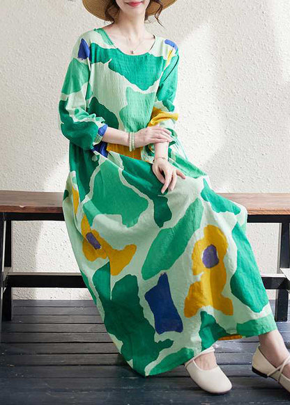 Loose Red O-neck Print Wrinkled Long Dresses Long Sleeve