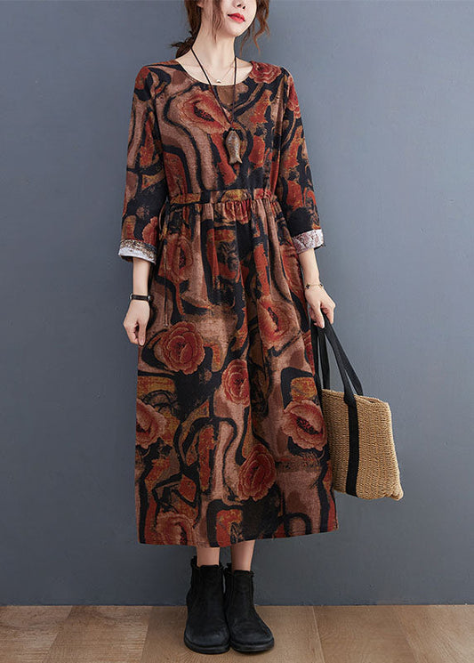 Khaki Pockets Print Cotton Holiday Dress O-neck Long Sleeve