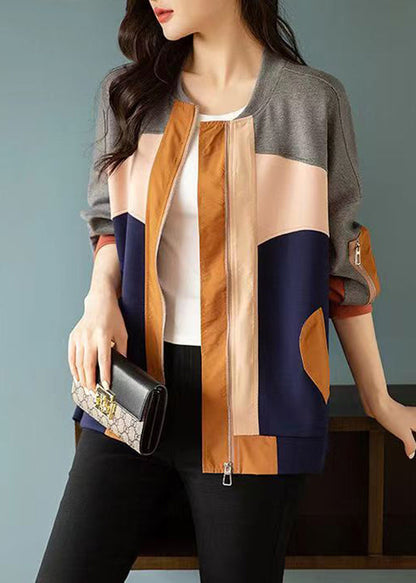 Colorblock Zip Up Asymmetrical Patchwork Cotton Coat Fall