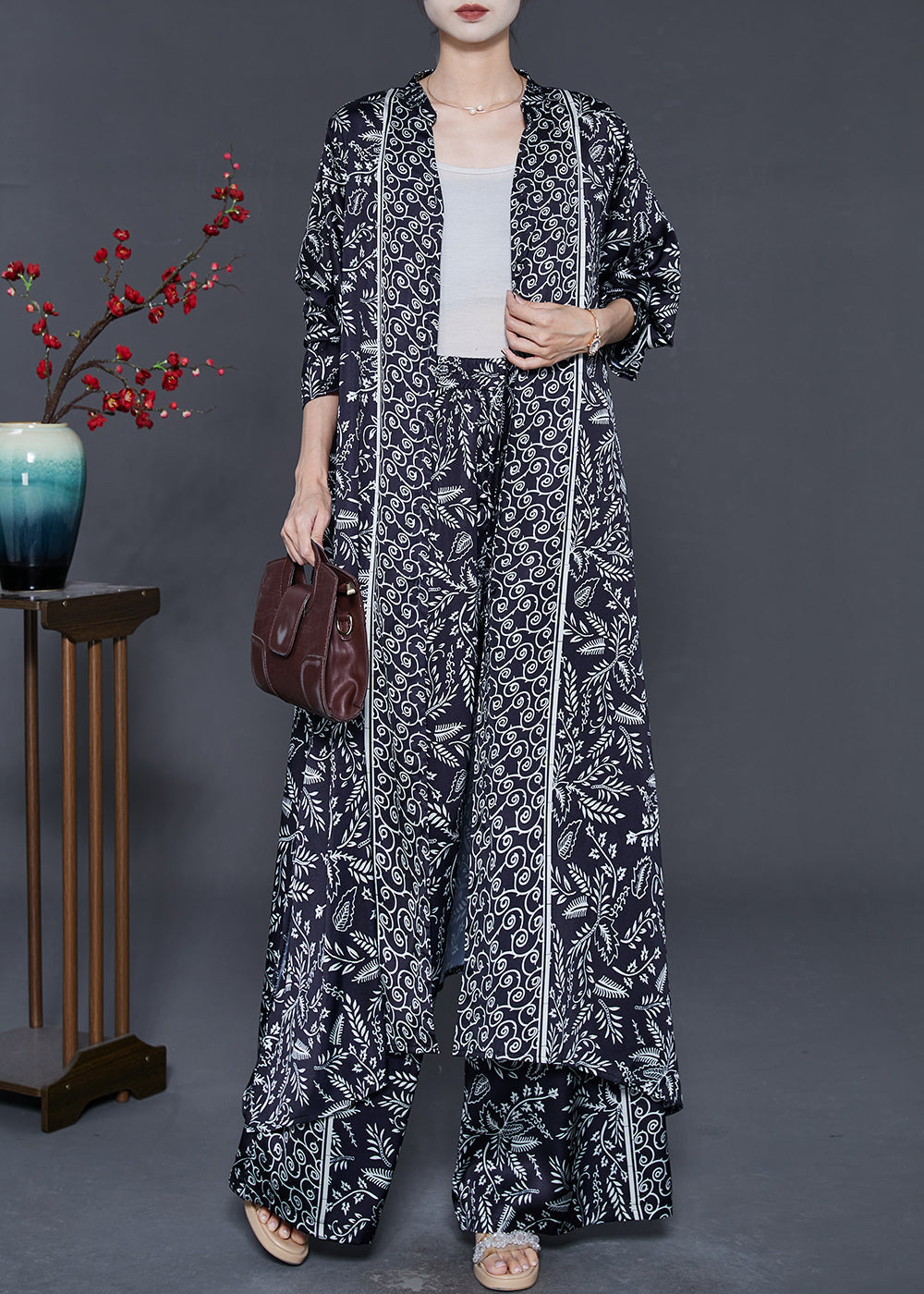 Black V Neck Print Chiffon Two Pieces Set Fall