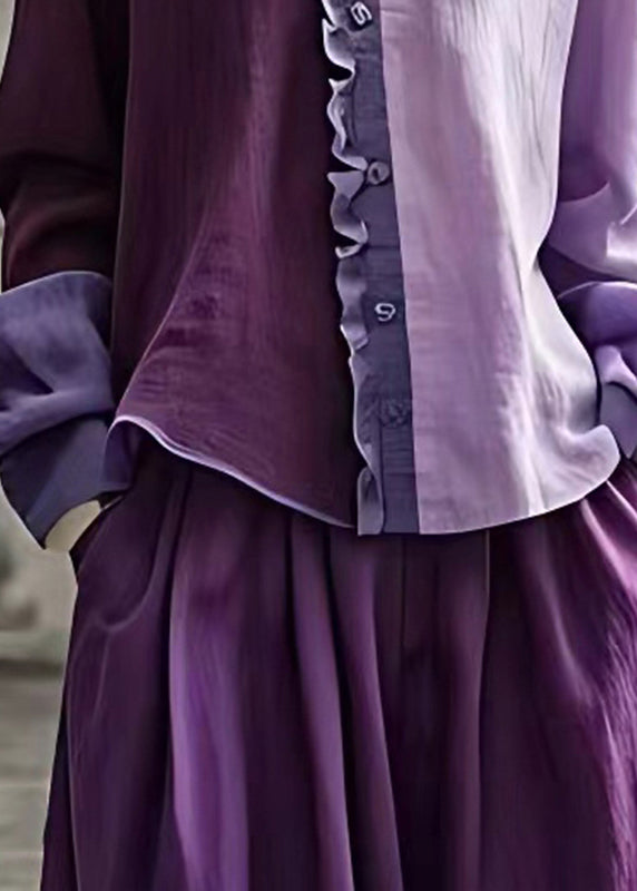 Purple V Neck Ruffled Patchwork Tops Long Sleeve
