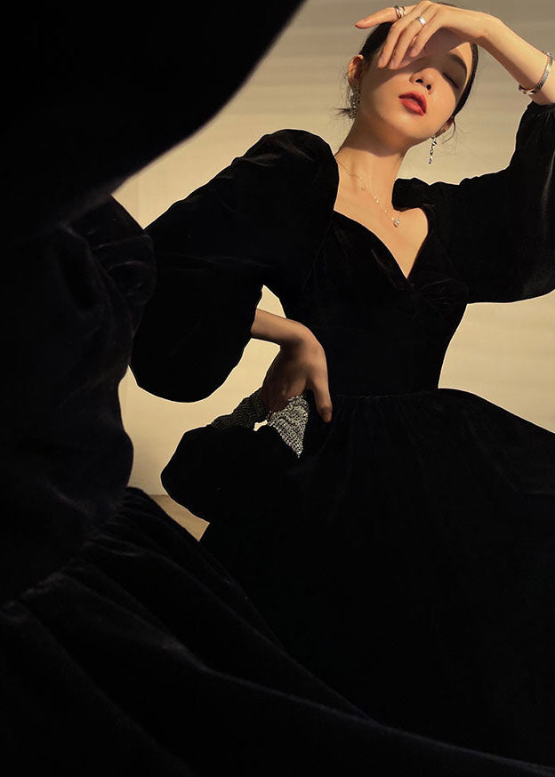 French Black V Neck Color Velour Mid Dress Lantern Sleeve