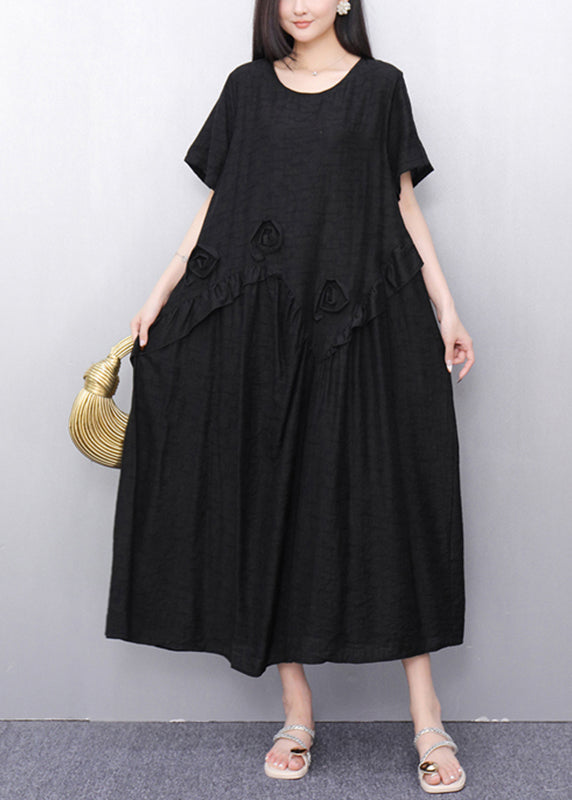 Black O-neck Cotton Long Dress Short Sleeve Summer