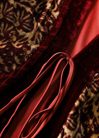 Wine Red Print Lace Up Patchwork Silk Velour Top Long Sleeve