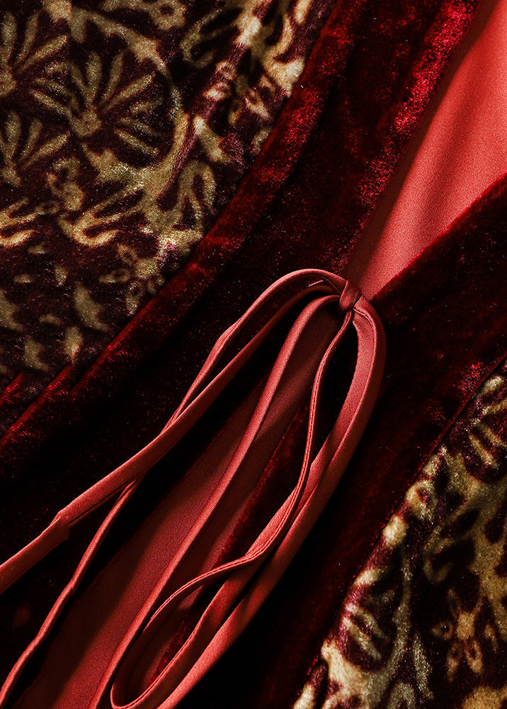 Wine Red Print Lace Up Patchwork Silk Velour Top Long Sleeve